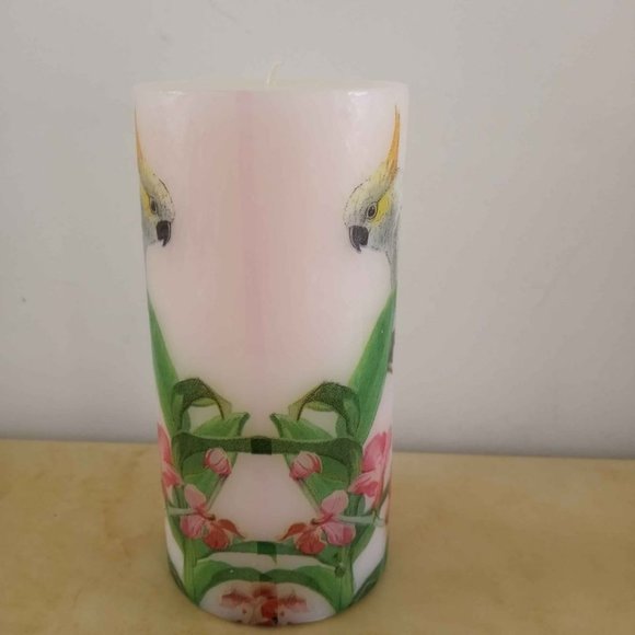 Tall Pillar Candle Cockatoo Floral Decoupage Unscented - Picture 4 of 6